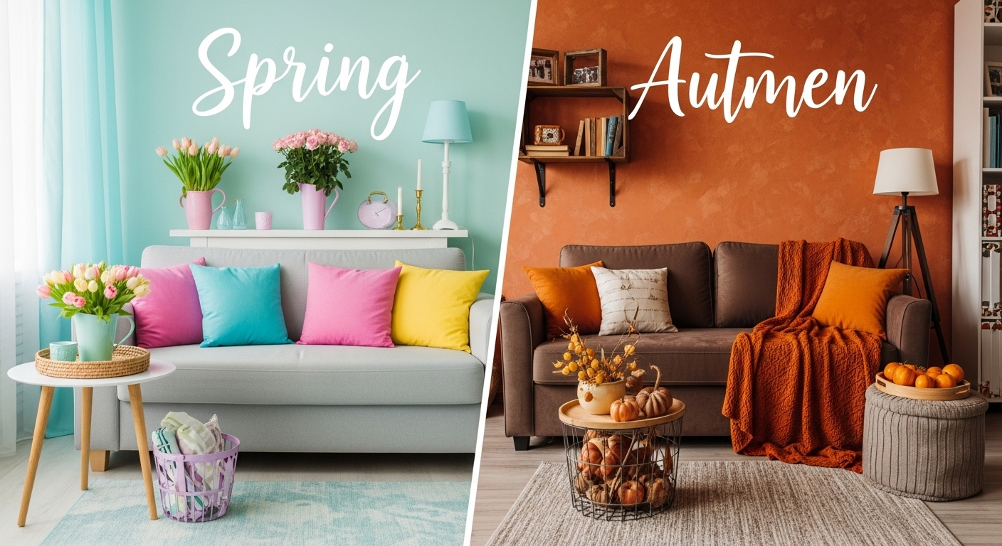  Living room switching from light pastel shades in spring to rich warm tones for fall with cozy accessories and throw blankets.