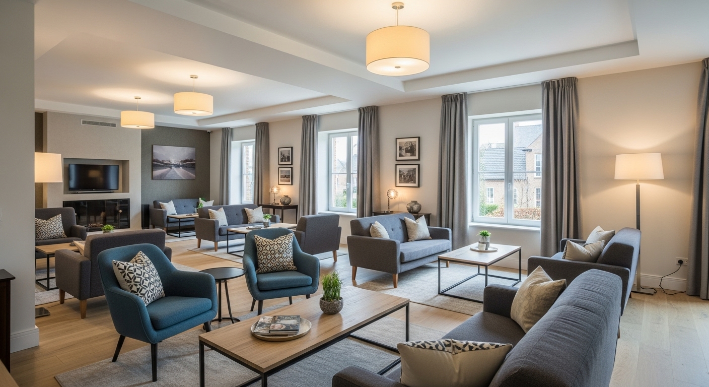 A well-planned drawing room layout with furniture arranged for conversation and comfort, offering a relaxed atmosphere