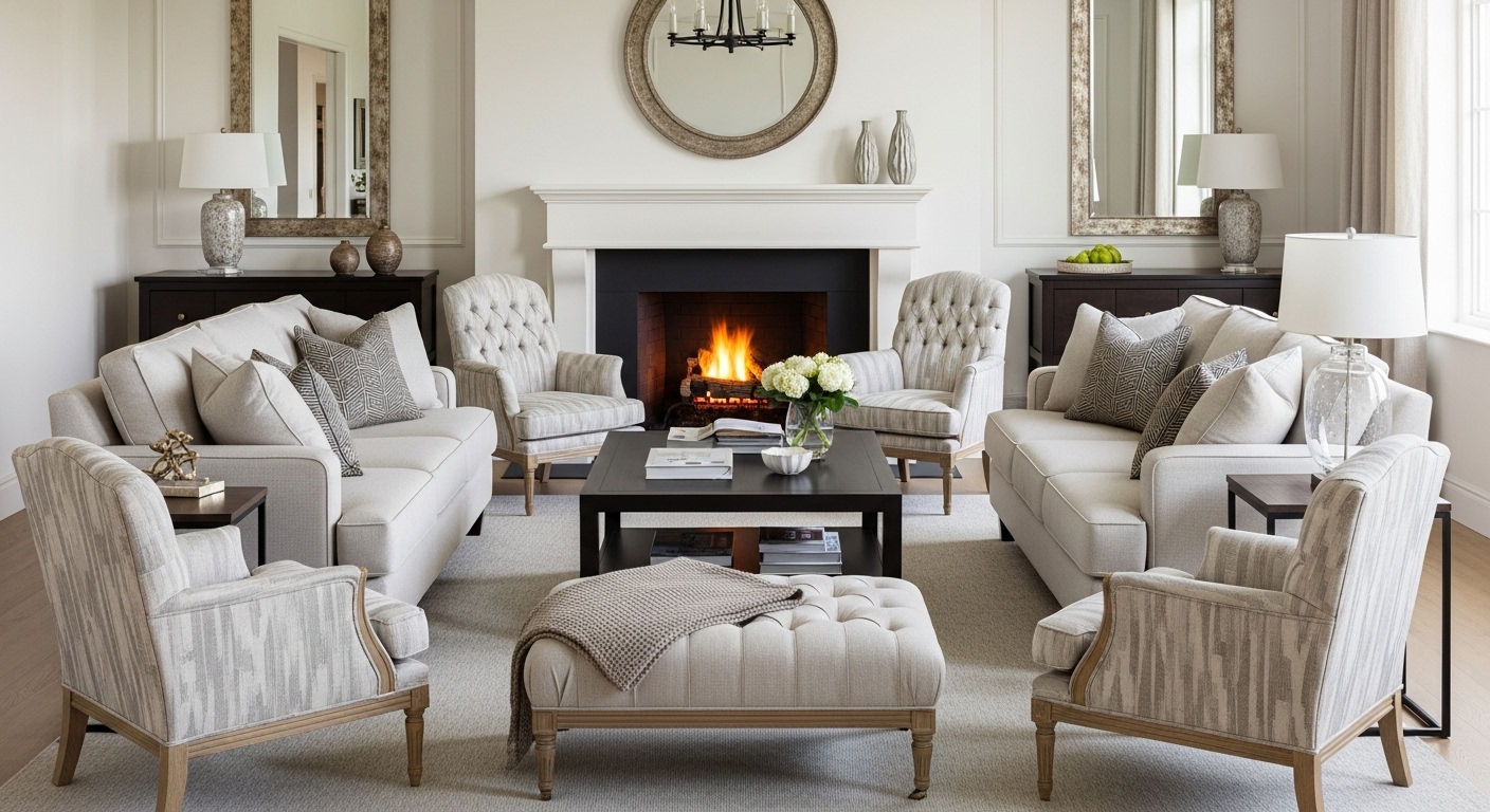 Comfortable sectional sofa placed to face both the TV and fireplace, offering an ideal view.