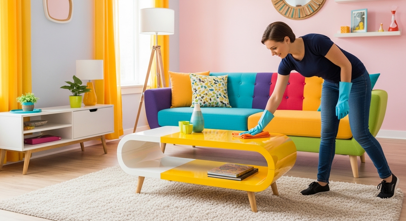 Person cleaning bright-colored furniture and wiping a modern coffee table in a colorful living room to maintain brightness.