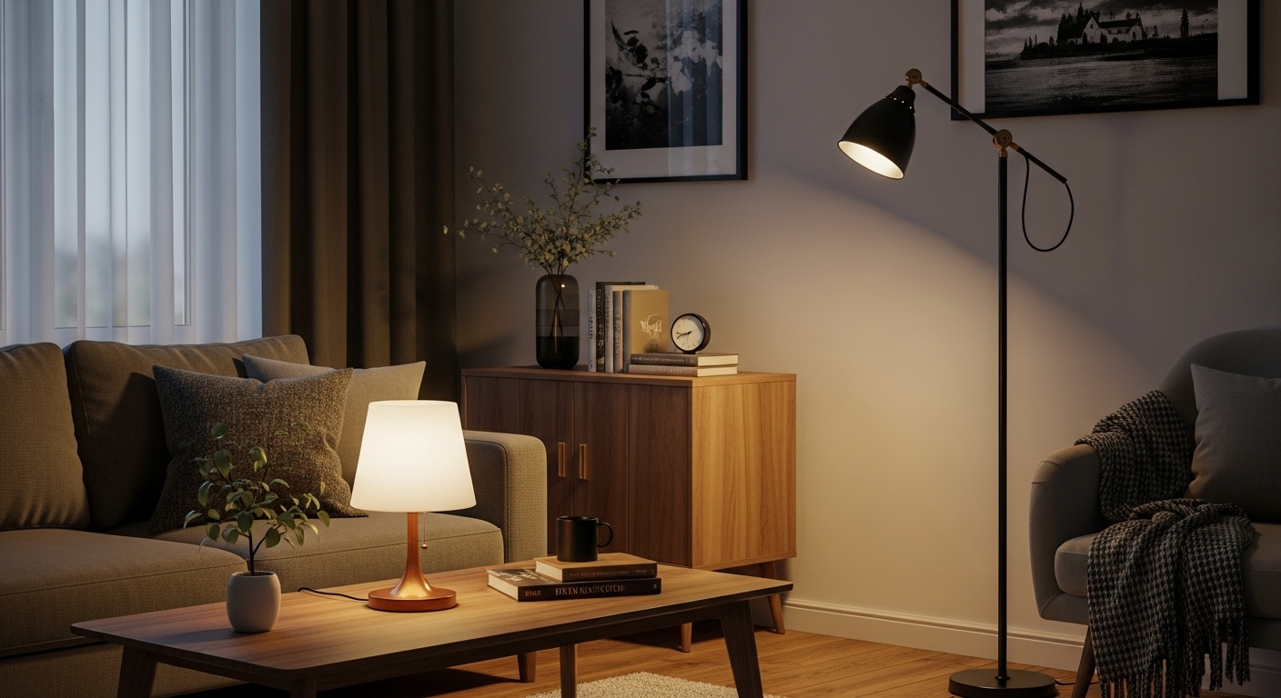 Table lamp and floor lamp providing task lighting in a living room. 