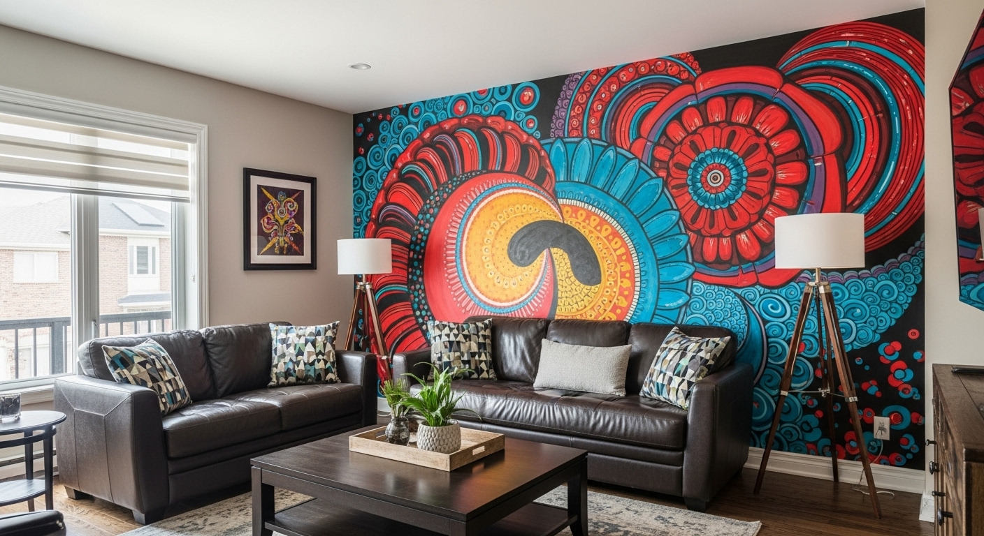 Drawing room featuring statement walls with bold paint, murals, and decorative accents creating visual interest.