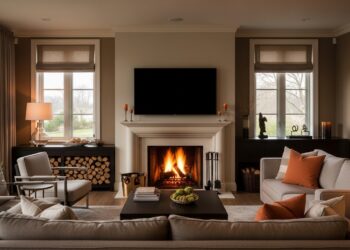 A beautifully styled living room with a cozy fireplace and a modern TV setup, creating a perfect balance of comfort, warmth, and entertainment.