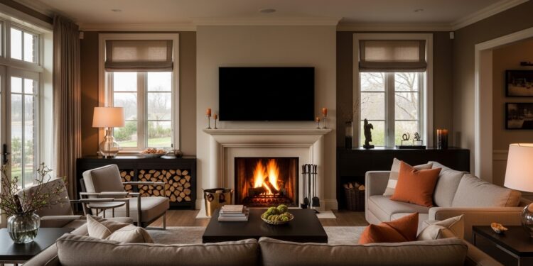 A beautifully styled living room with a cozy fireplace and a modern TV setup, creating a perfect balance of comfort, warmth, and entertainment.