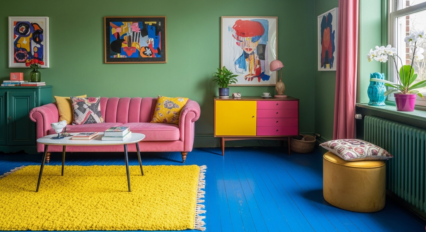 Vibrant living room with a pink sofa and green walls, accented by a yellow rug and blue flooring for a bold and unconventional color scheme.