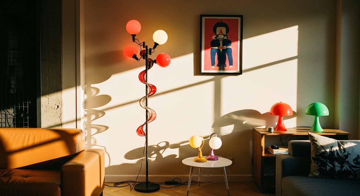 Artistic modern living room with bold statement lighting, including a sculptural floor lamp and whimsical table lamps, showcasing creative lighting ideas.