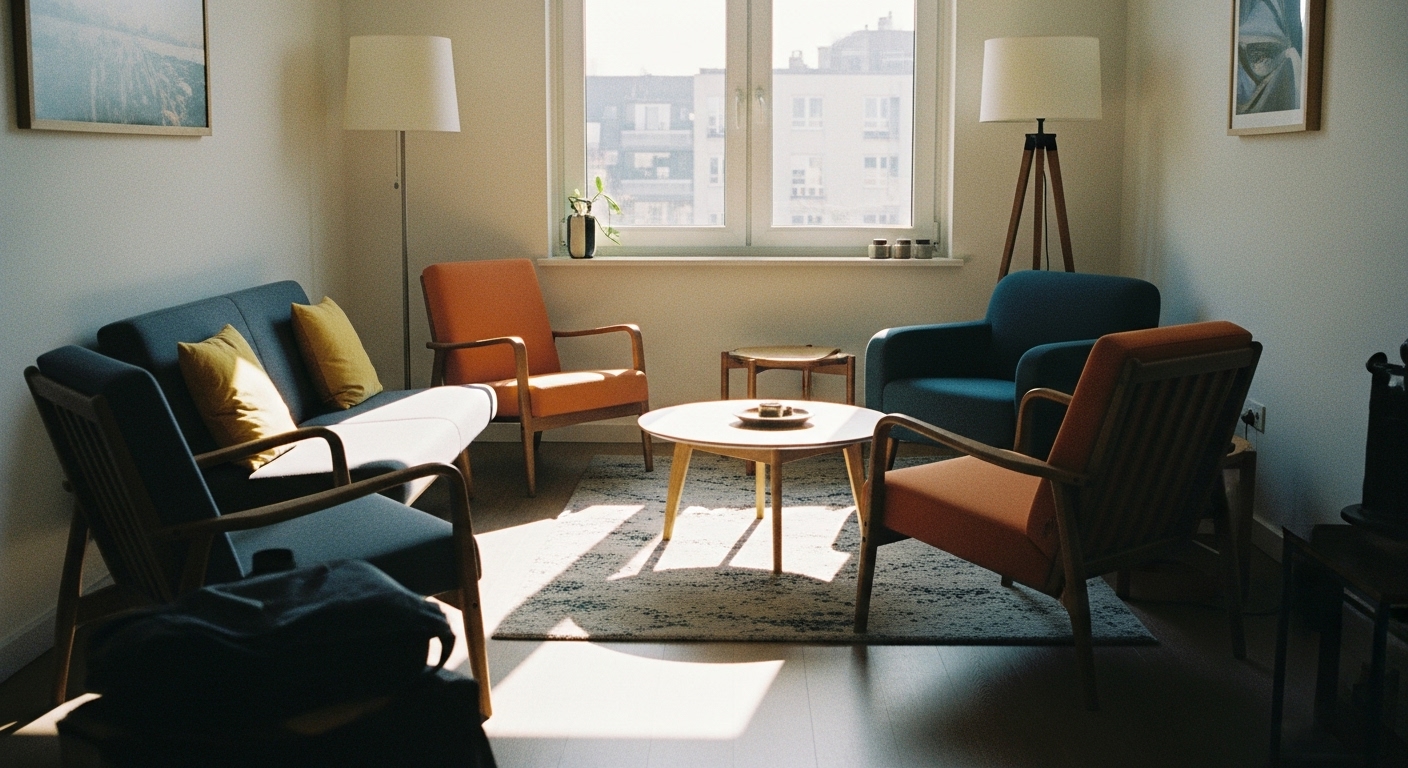 Modern living room with furniture arranged at leisure angles creating cozy conversation spots with unique seating arrangements