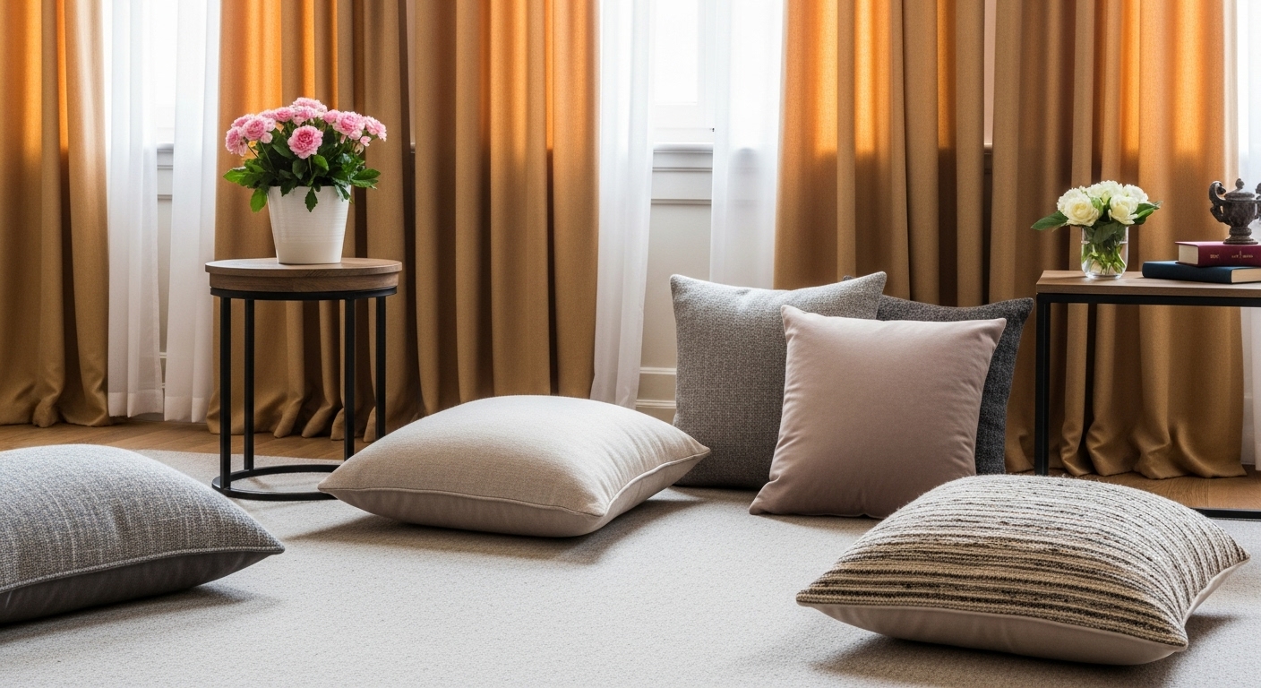 Drawing room with cozy textiles like curtains, carpets, and cushions creating warmth and texture.
