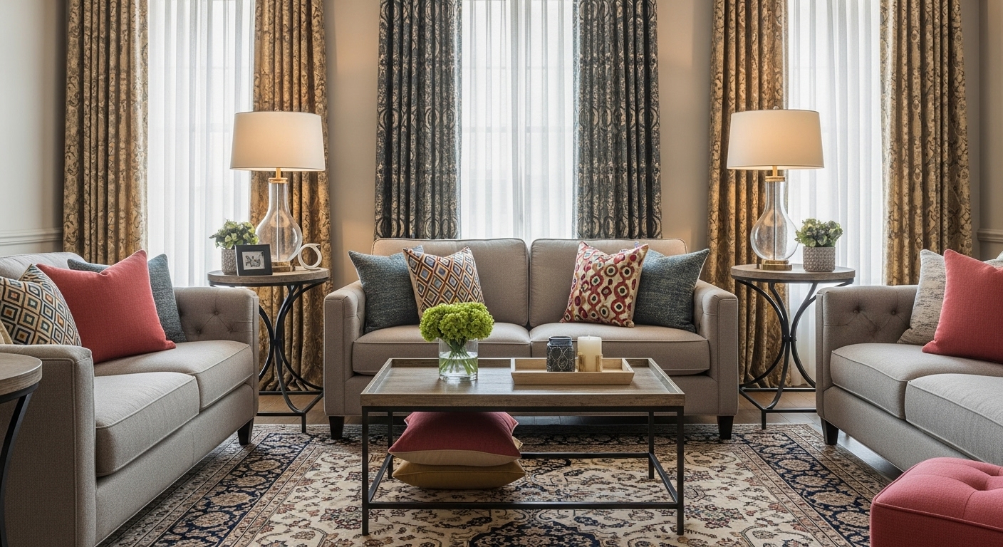 Drawing room with elegant textiles including curtains, throw pillows, area rugs, and upholstered furniture