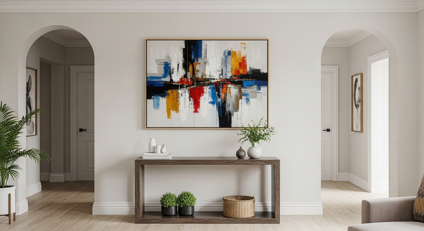 Contemporary artwork on the wall of a drawing hall, adding personal touch to the space