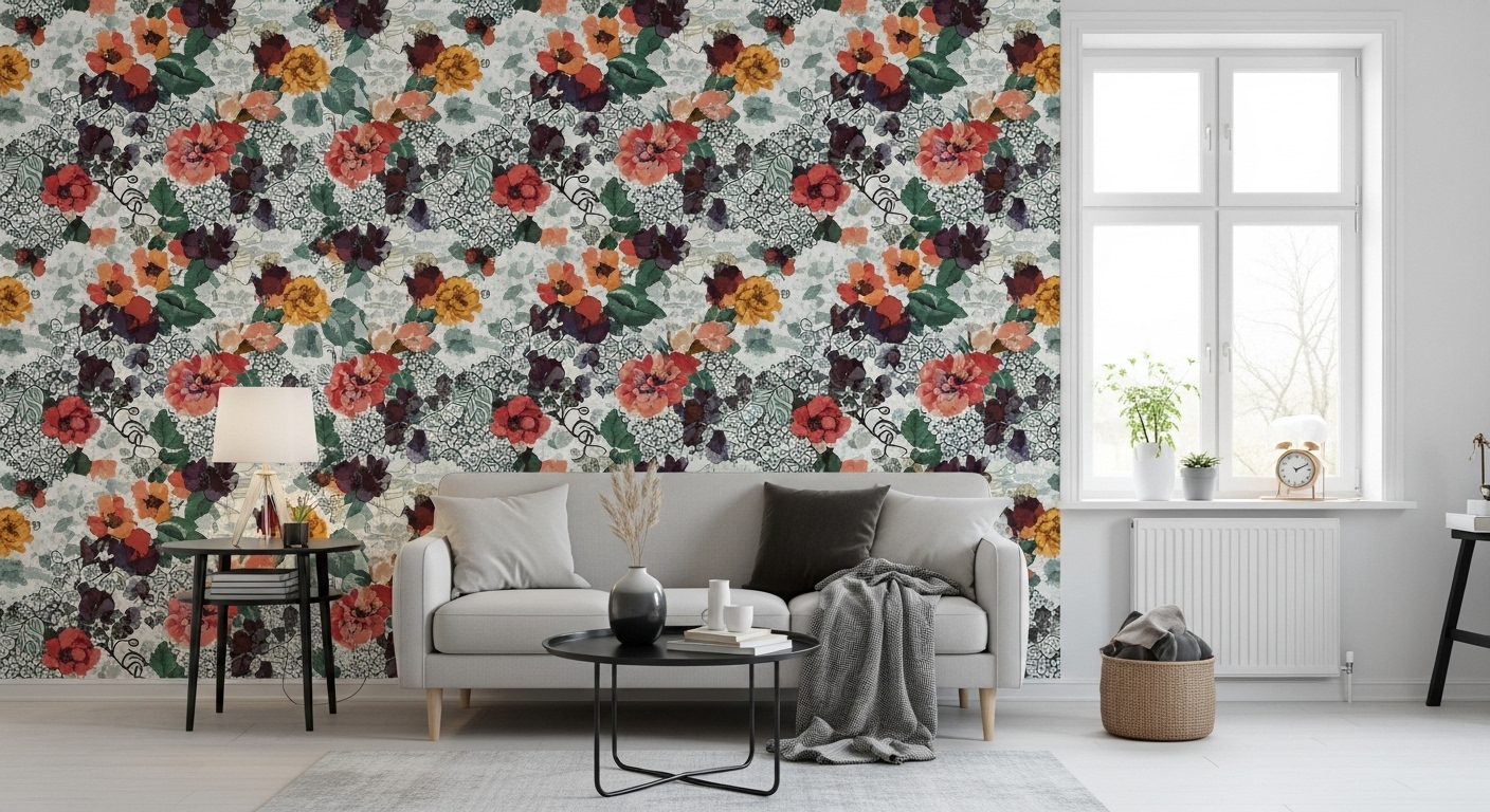 A chic living room wall with removable floral and geometric wallpaper, showing a renter-friendly bold home design.