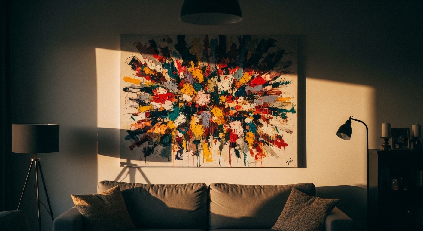 A large abstract painting in vivid colors mounted on a living room wall, serving as a bold focal point.