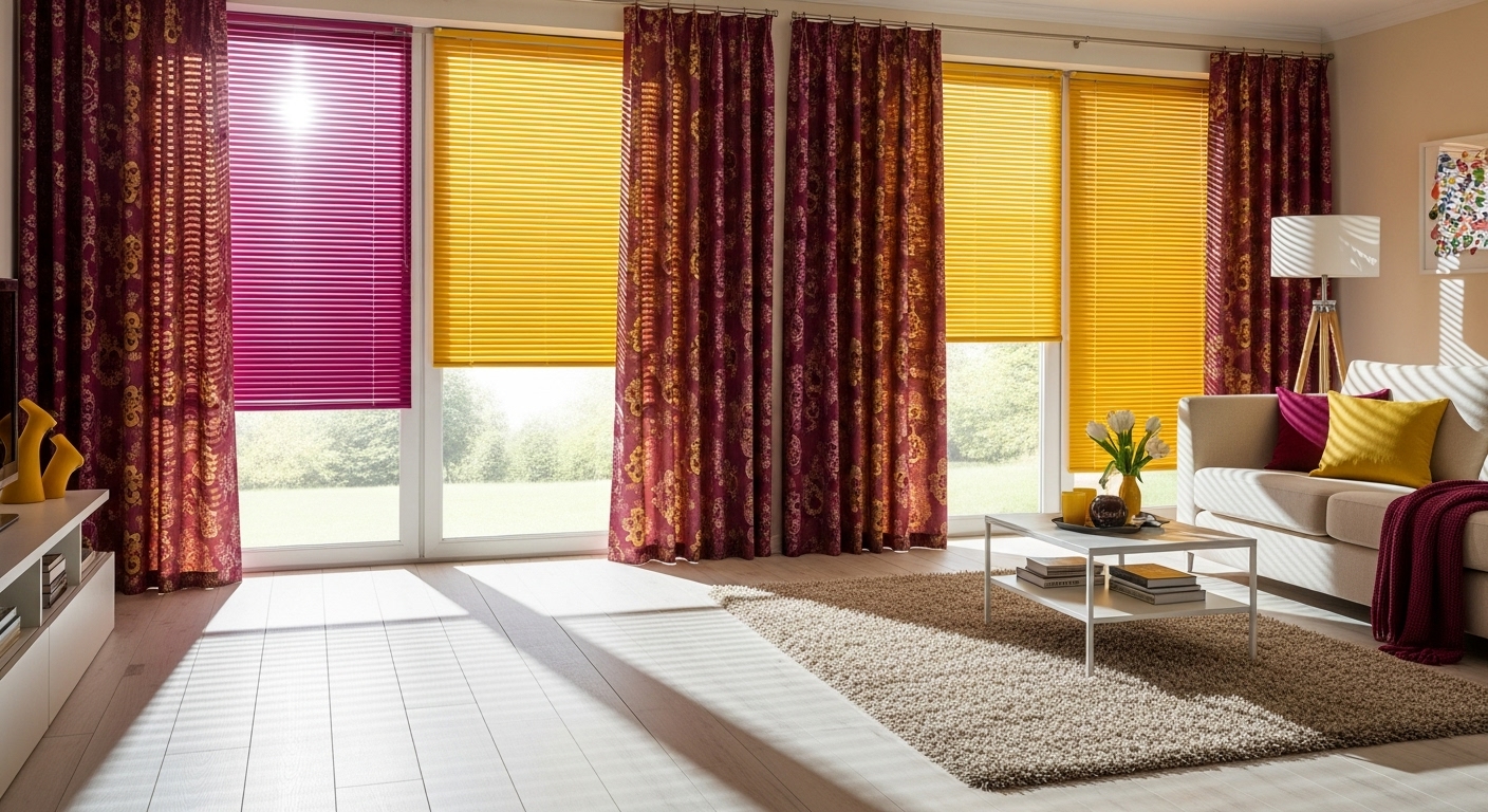 Window treatments in bold colors, with sunlight reflecting through colorful drapes.