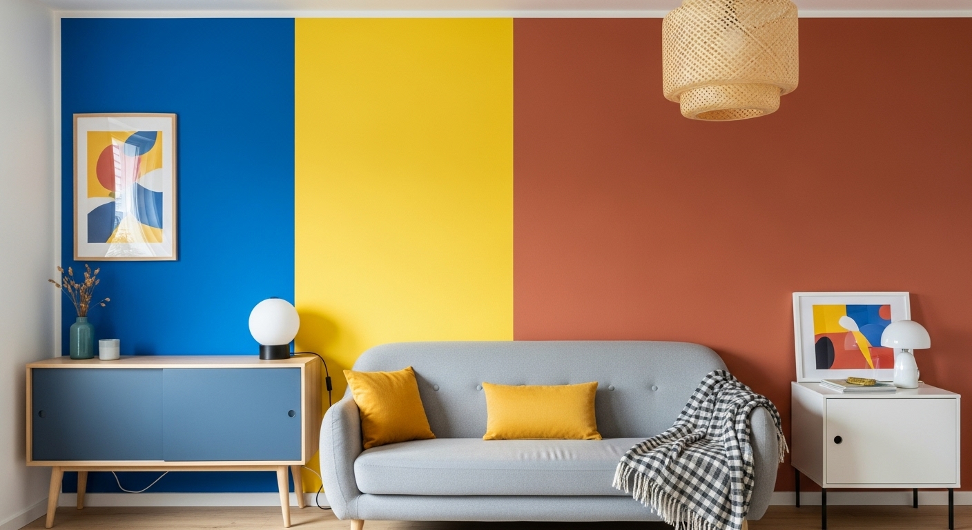 Living room showcasing a wall with bold color-blocked paint in multiple shades for a vibrant effect.