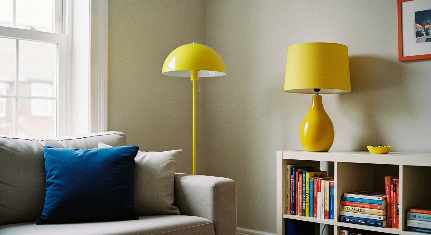 Neutral-toned walls and furniture balancing a colorful living room setting 