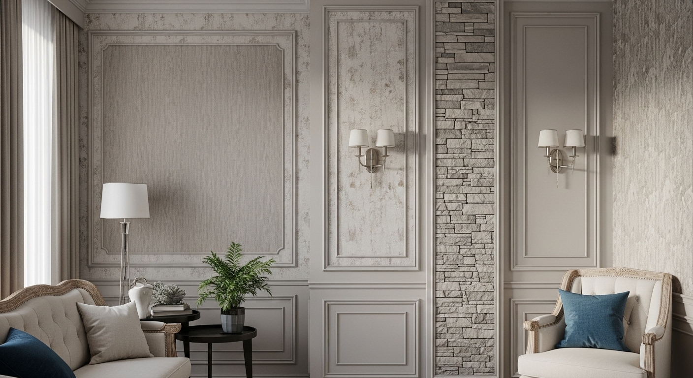 Textured walls in a drawing room with raised wallpaper, stone accents, and wall paneling adding depth to the space
