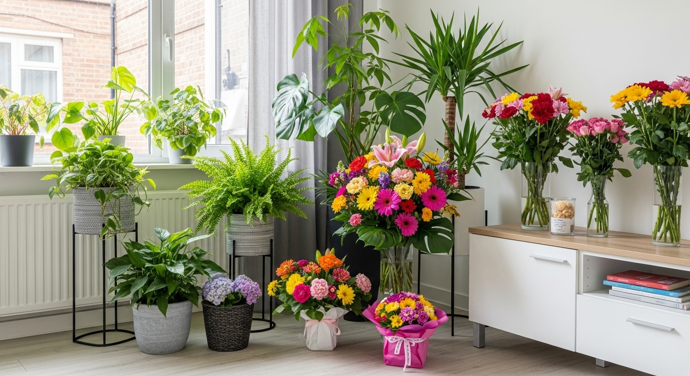 Bright green indoor plants and colorful flowers in a lively living room setting