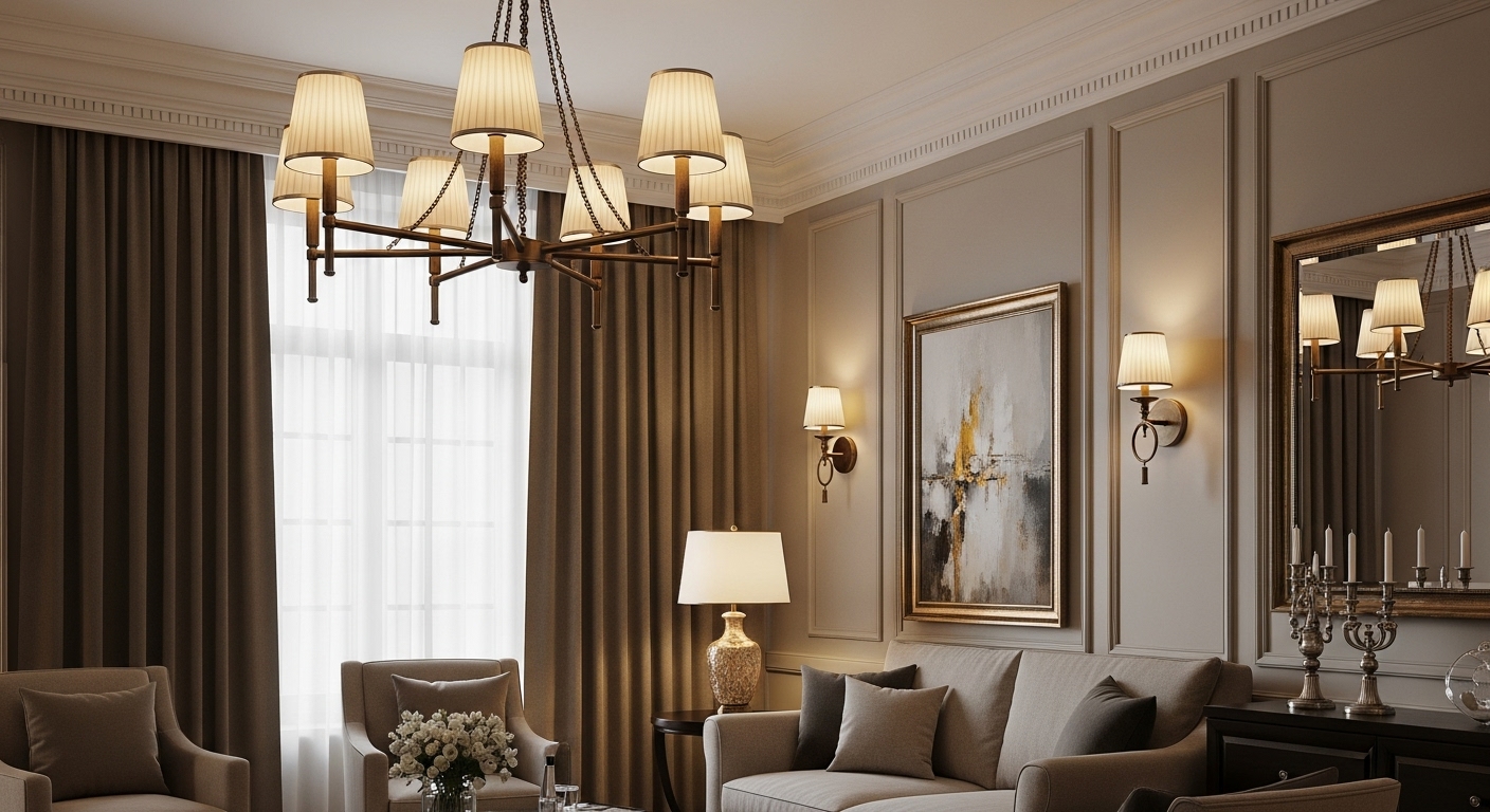 Effective layered lighting setup in a modern drawing room with overhead, task, and accent lighting sources.
