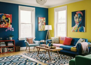Bright and vibrant living room with colorful walls, funky furniture, and artistic accents creating an energetic and cozy space.