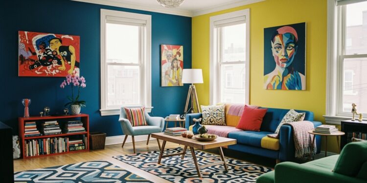 Bright and vibrant living room with colorful walls, funky furniture, and artistic accents creating an energetic and cozy space.