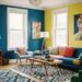 Bright and vibrant living room with colorful walls, funky furniture, and artistic accents creating an energetic and cozy space.