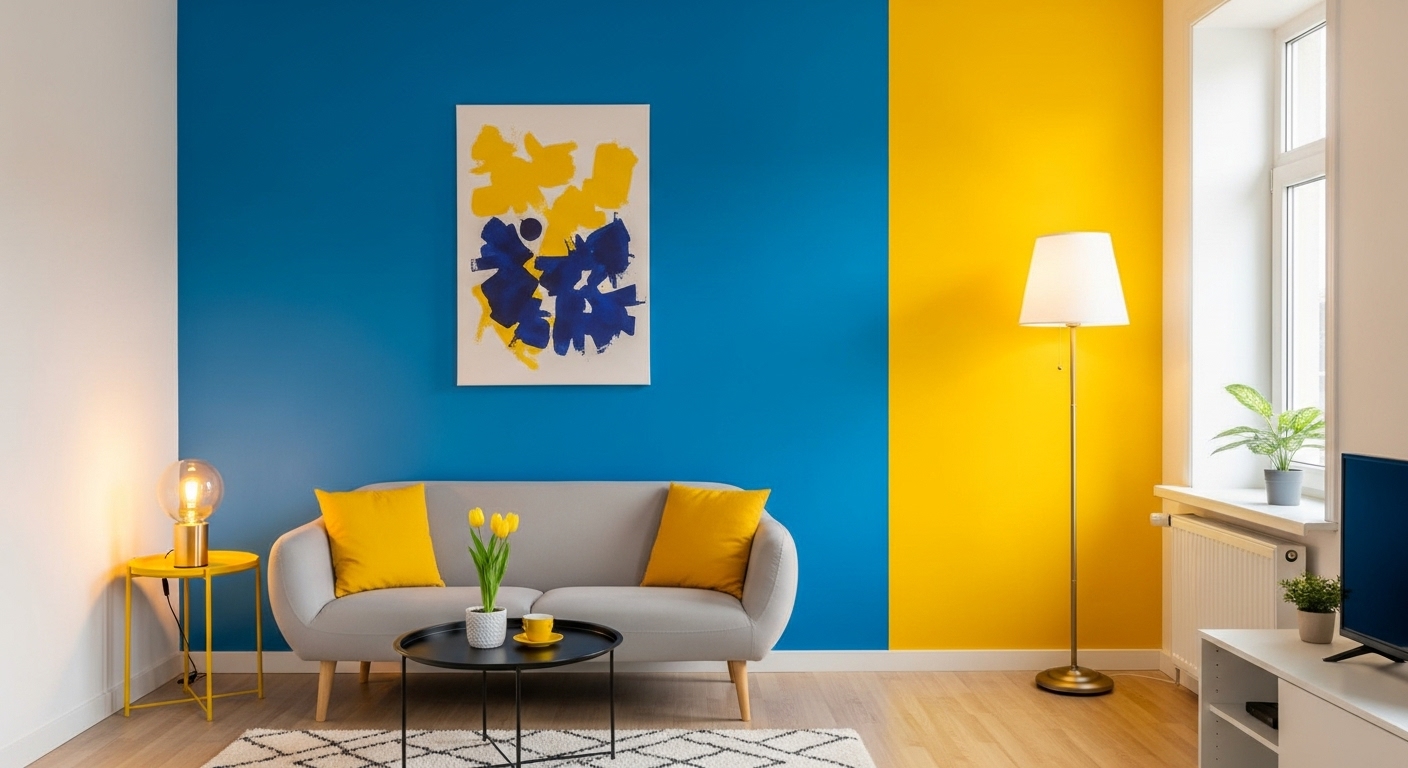 Living room with vivid blue and yellow painted walls, demonstrating accent wall ideas and colorful home decor trends