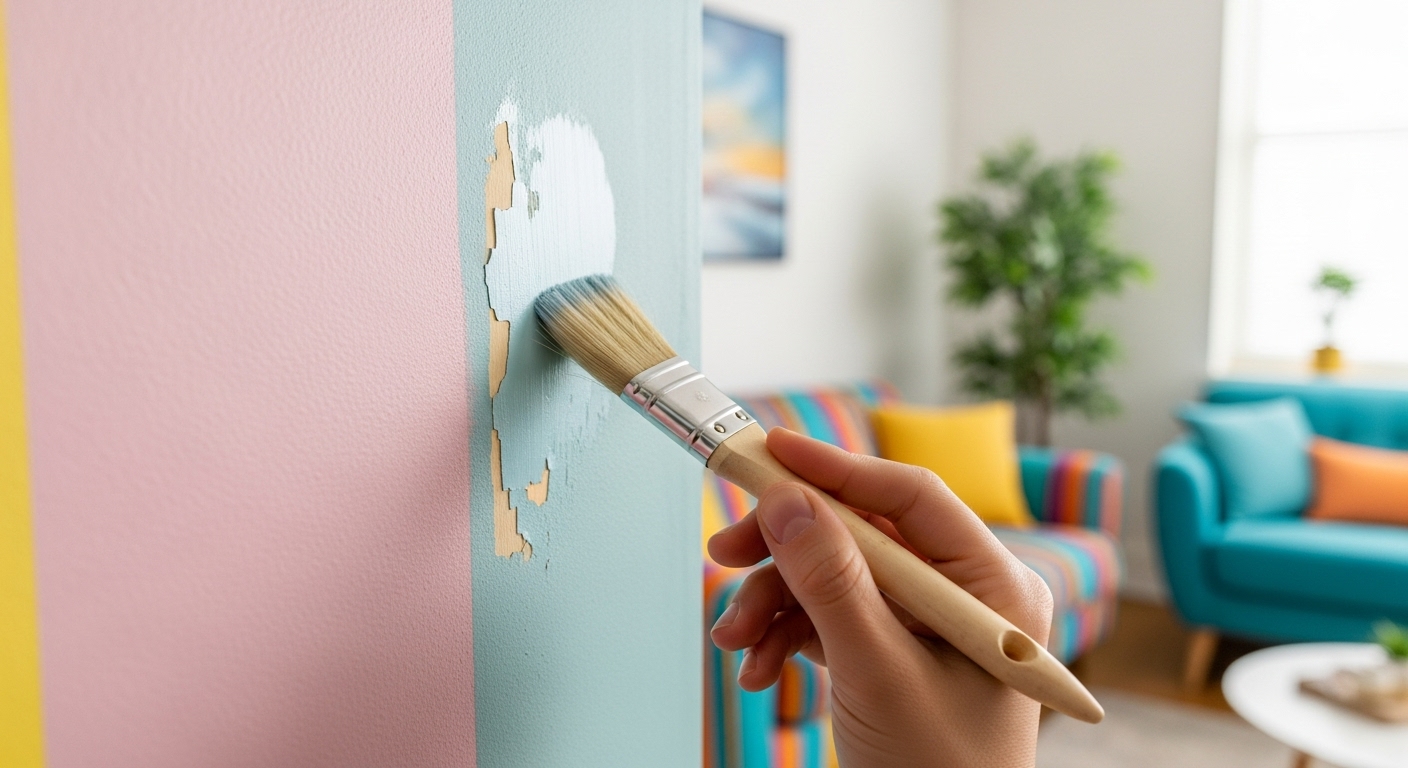 Close-up of a hand painting over chipped pastel wall with a small brush in a well-lit colorful living room.