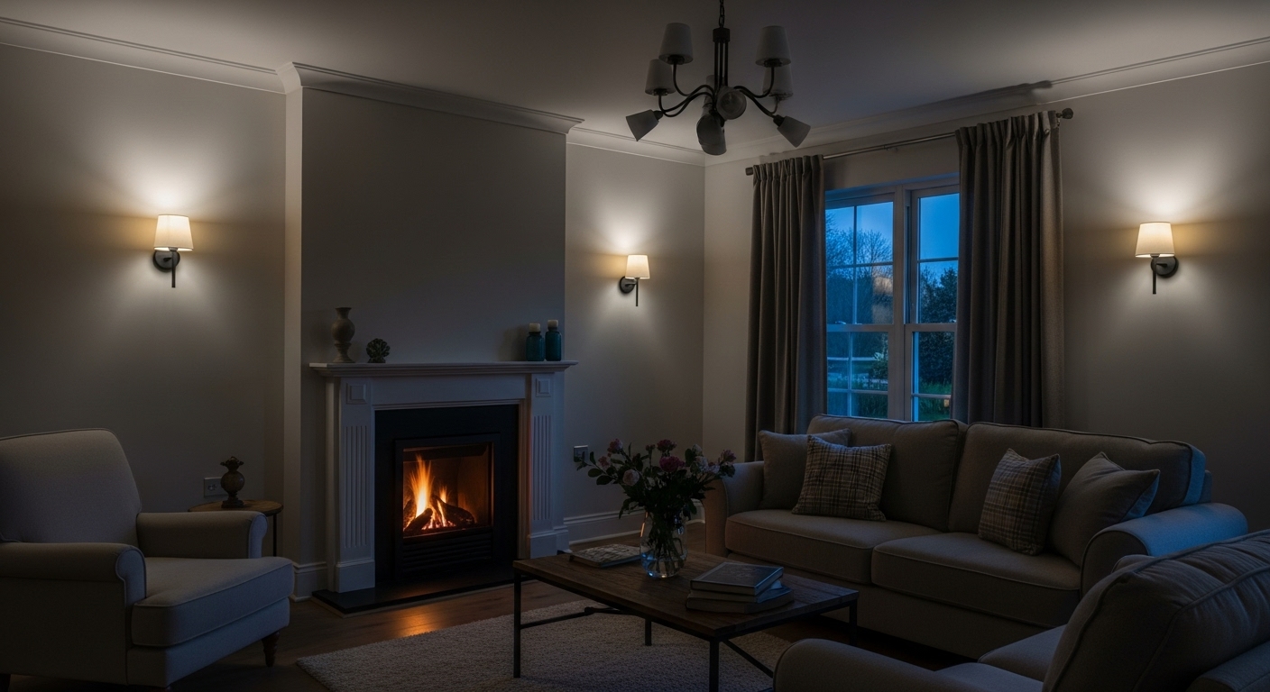 Soft ambient lighting illuminating a cozy living room with a fireplace.
