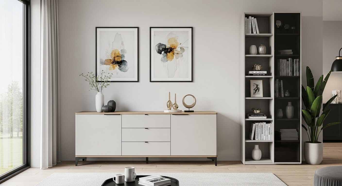 A stylish sideboard and bookcase providing effective storage in a modern drawing room, maintaining a clean and organized space