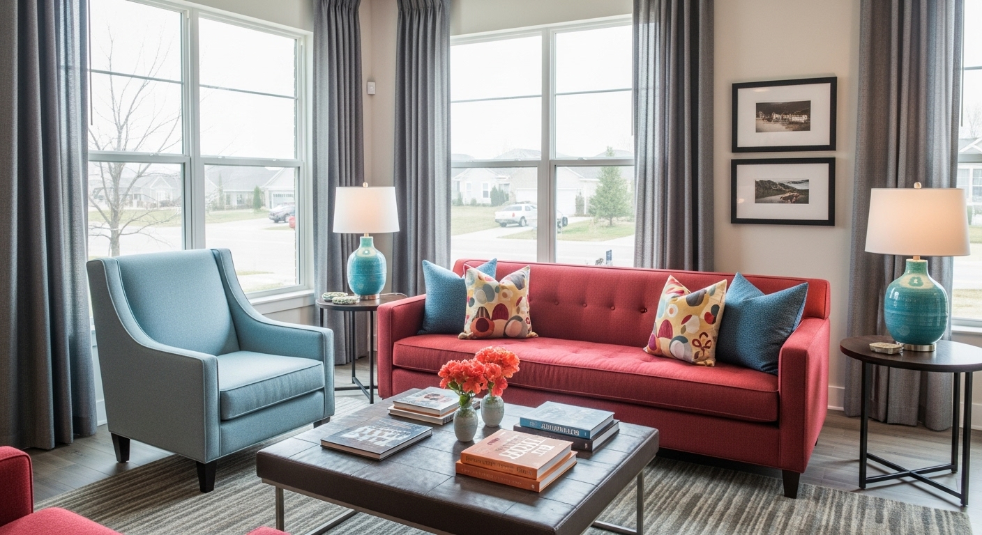 Bright and colorful sofas and chairs placed in a stylish living room.