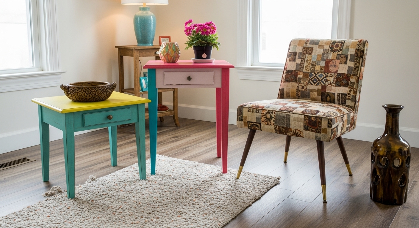 Unique thrift store decor items like a chalk-painted side table and upholstered vintage chair styled in a colorful living room.