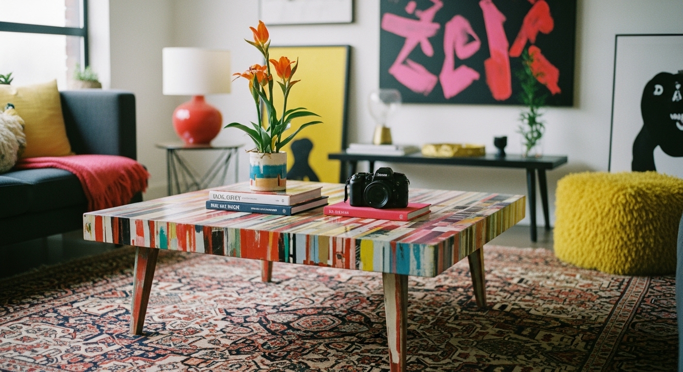 Unique multicolored coffee table with artistic detailing placed in a colorful living space