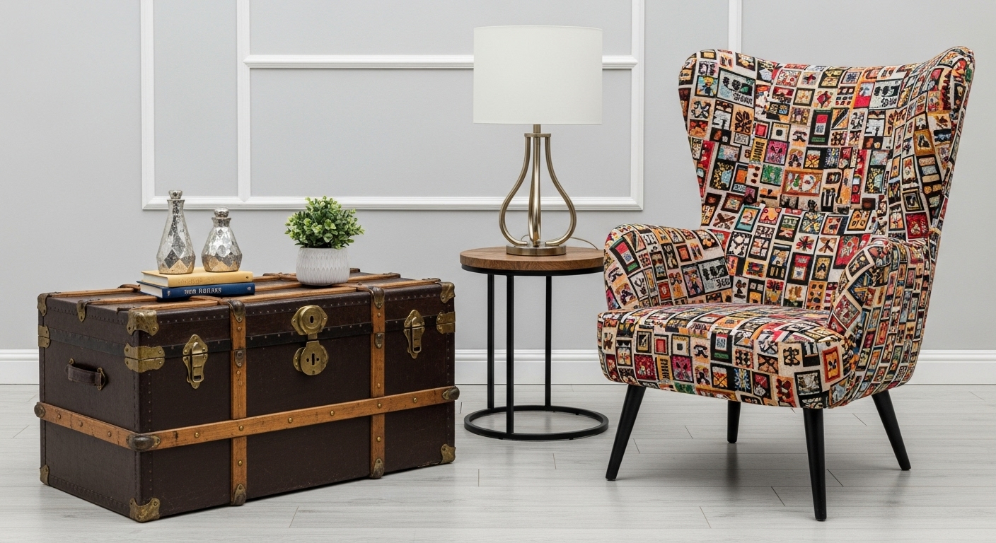 A striking accent piece, such as a vintage trunk or vibrant armchair, adding a bold touch to the drawing room décor.