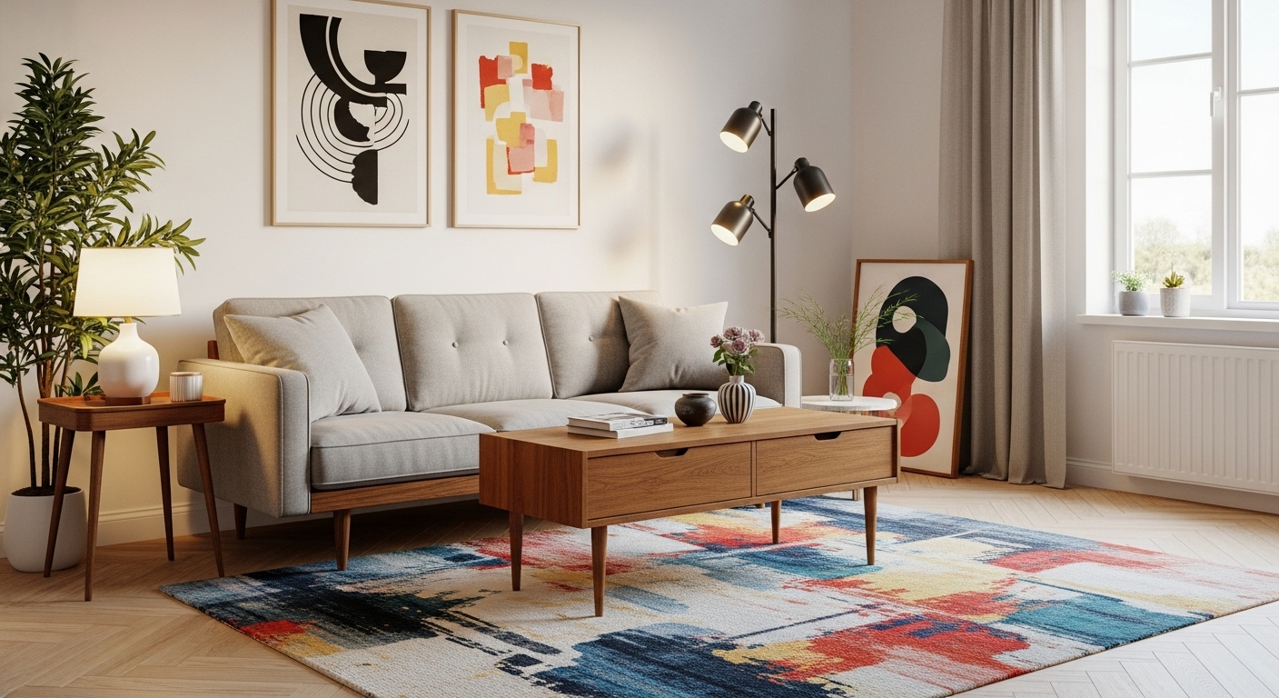 A balanced living room with mid-century modern furniture and vibrant contemporary accents, showing a mix of old and new design.