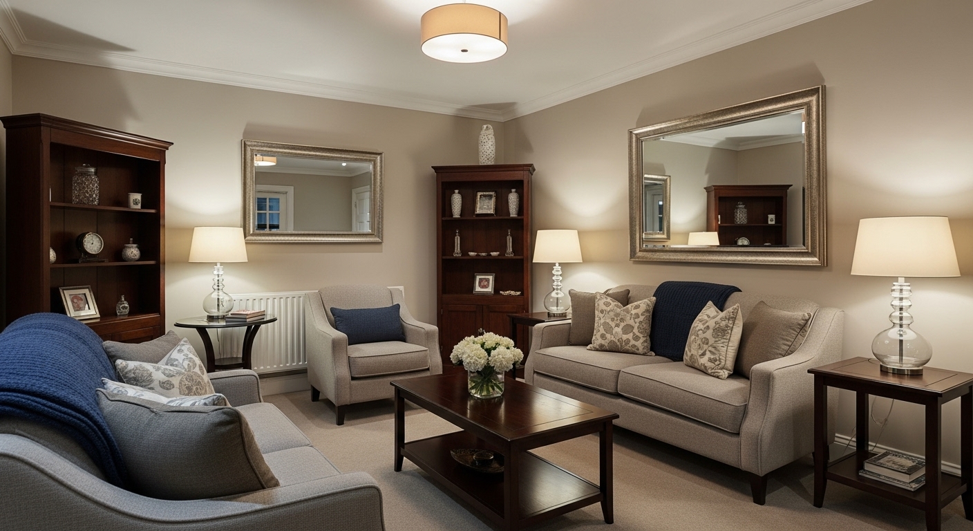 A beautifully designed drawing hall reflecting the homeowner's personality with comfortable and stylish furniture