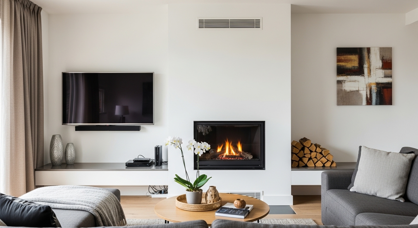 V mounted above a fireplace in a modern apartment, offering an elegant space-saving design