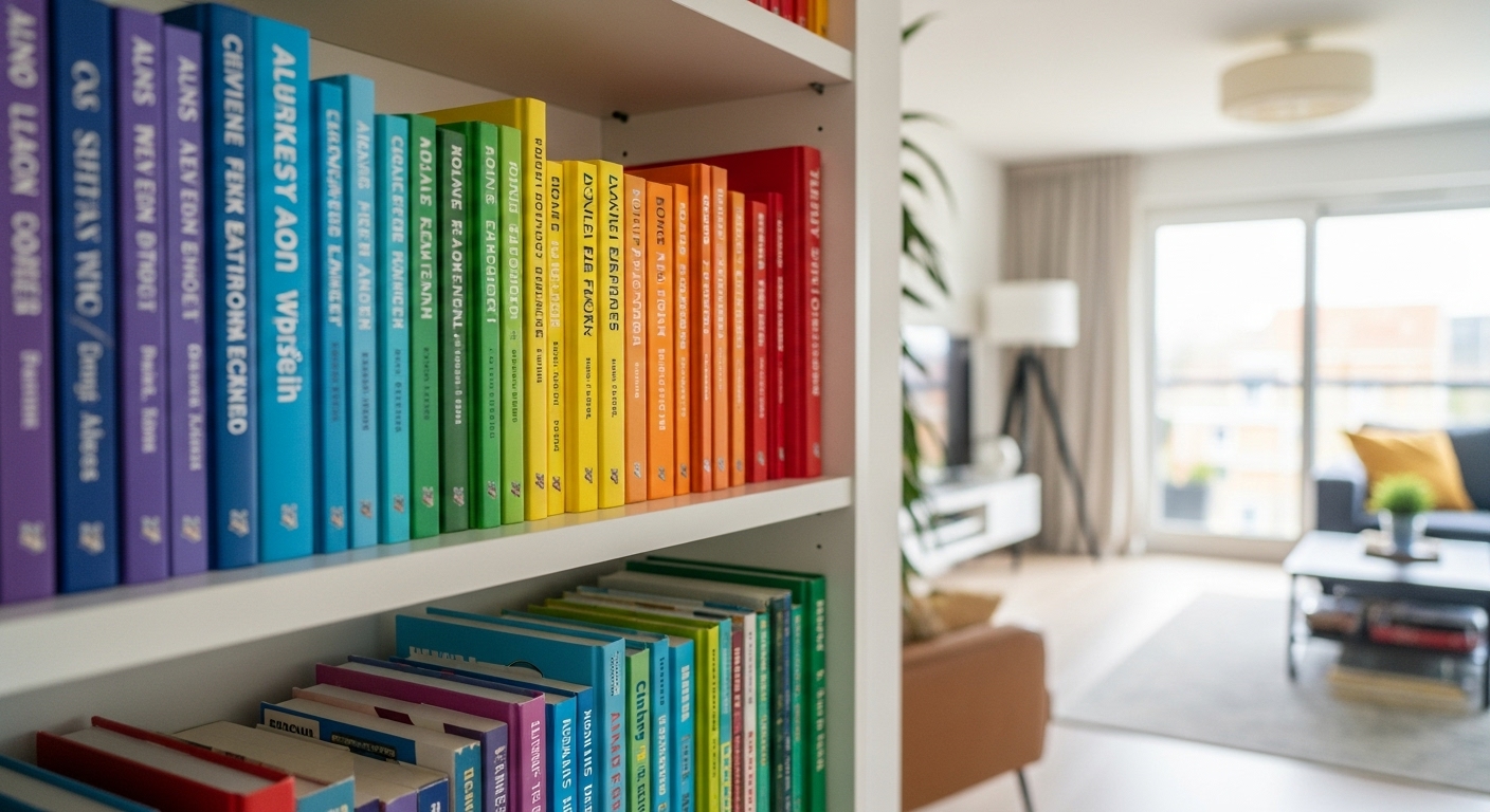 Bookshelf arranged in rainbow order adding color and visual excitement to a modern living room space.