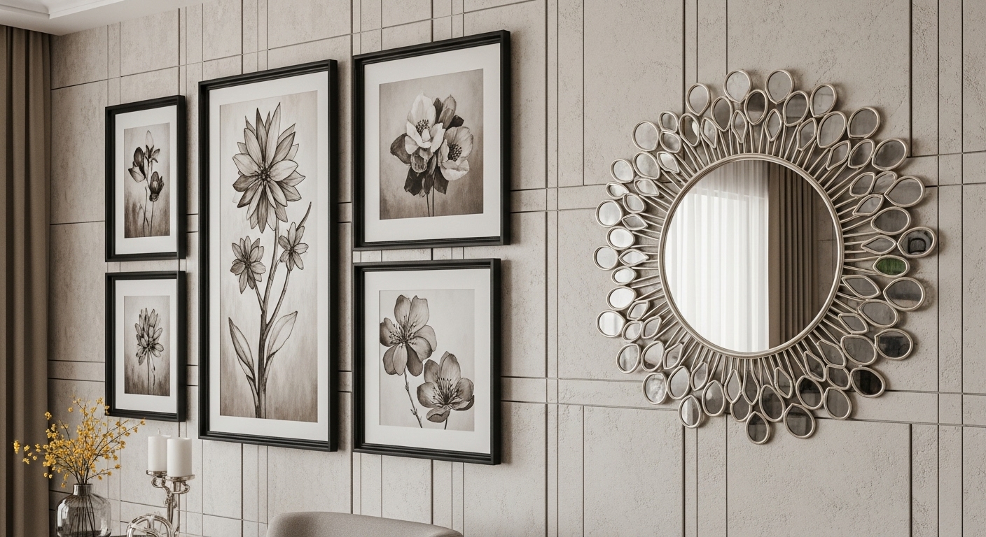 Modern wall decor including artwork, mirrors, and wall paneling in a drawing room.