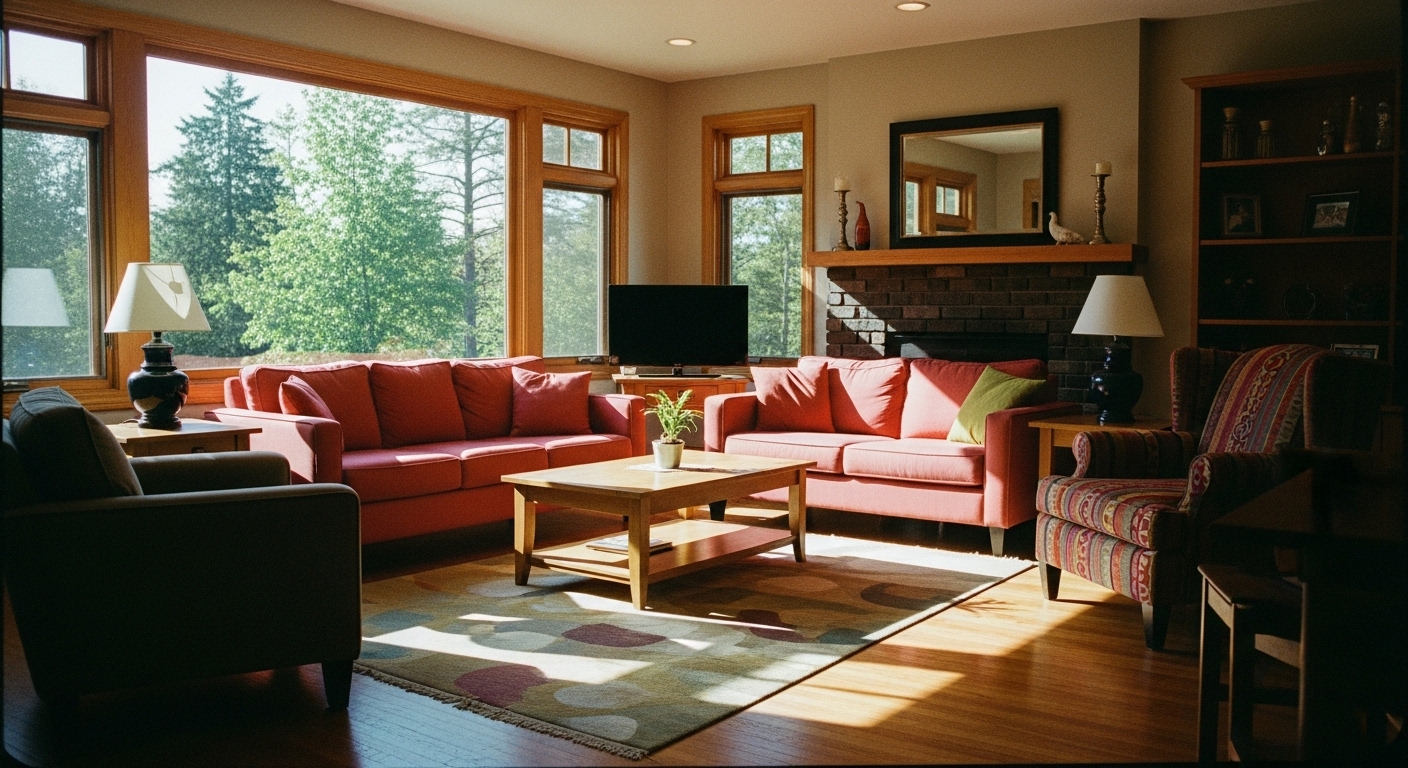 Bright living room showing how daylight affects colorful furniture and walls 