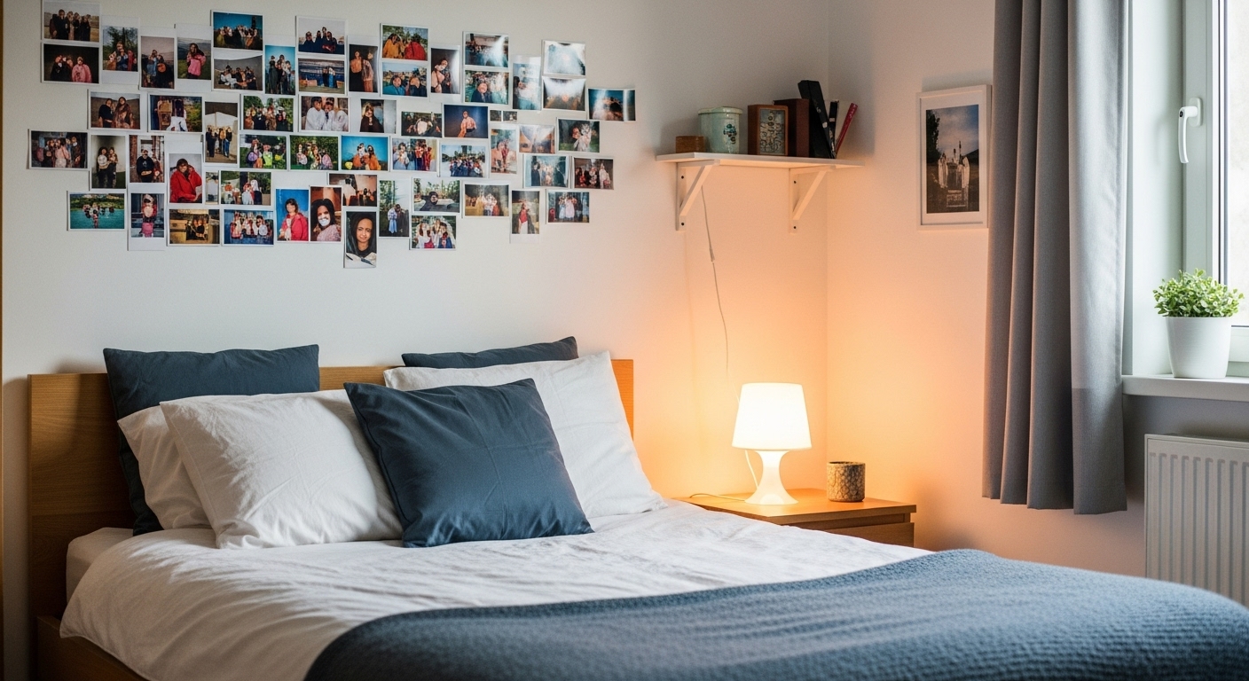 A bedroom wall decorated with a personal photo collage, adding a warm and personalized touch to the decor.