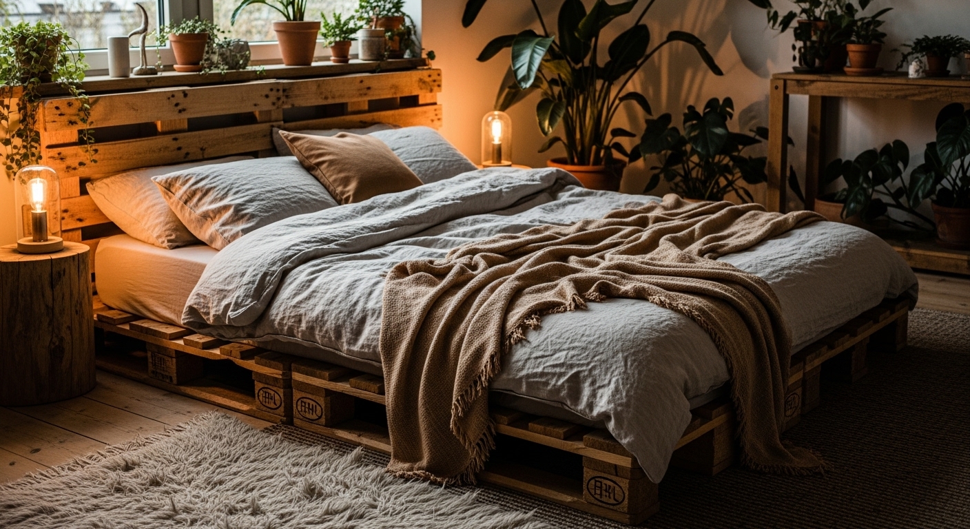 A bed frame crafted from reclaimed wooden pallets, bringing rustic charm and sustainability to the bedroom.