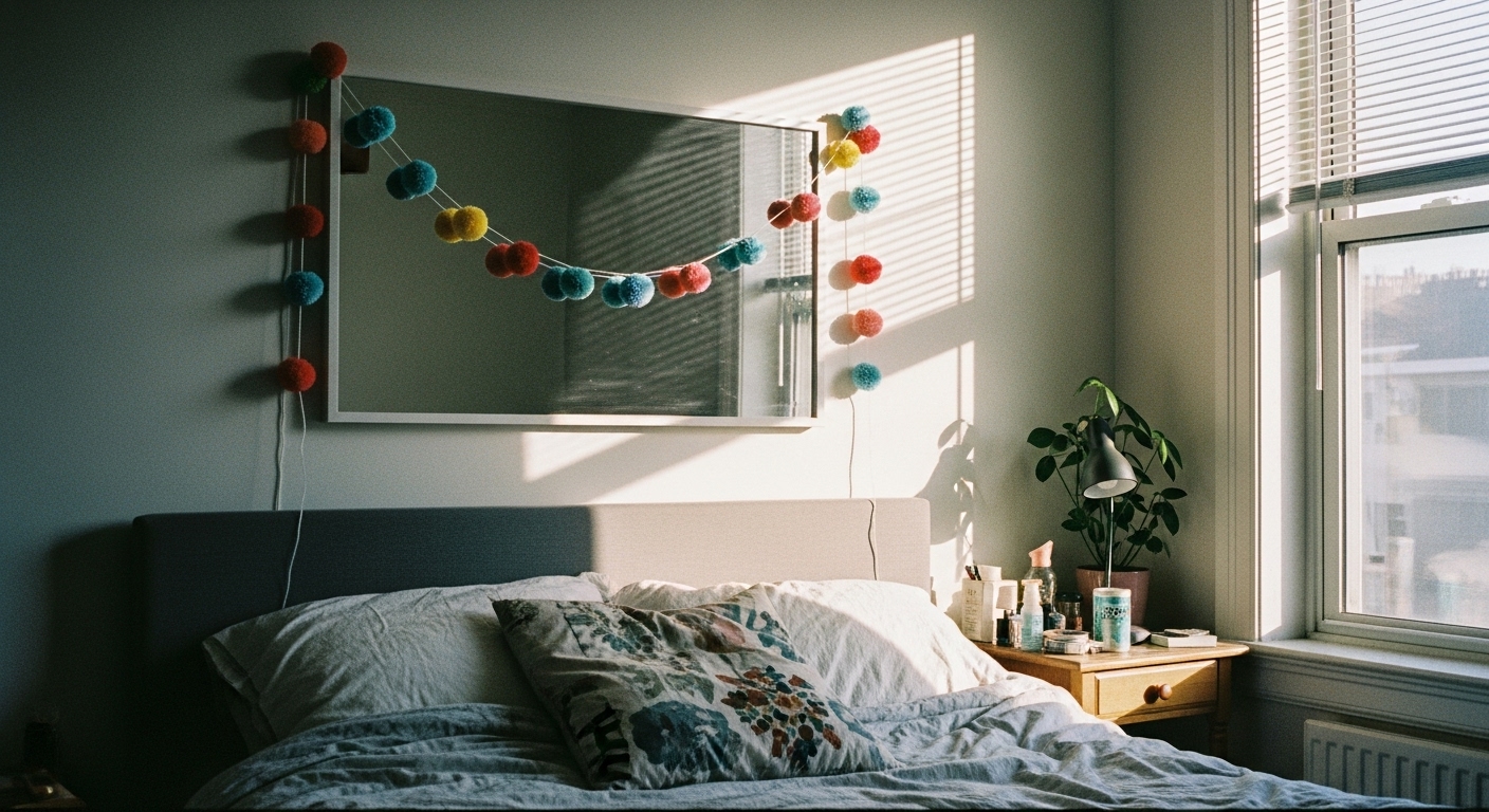 A vibrant pom-pom garland hanging on a bedroom wall above a mirror, enhancing the cozy room atmosphere.