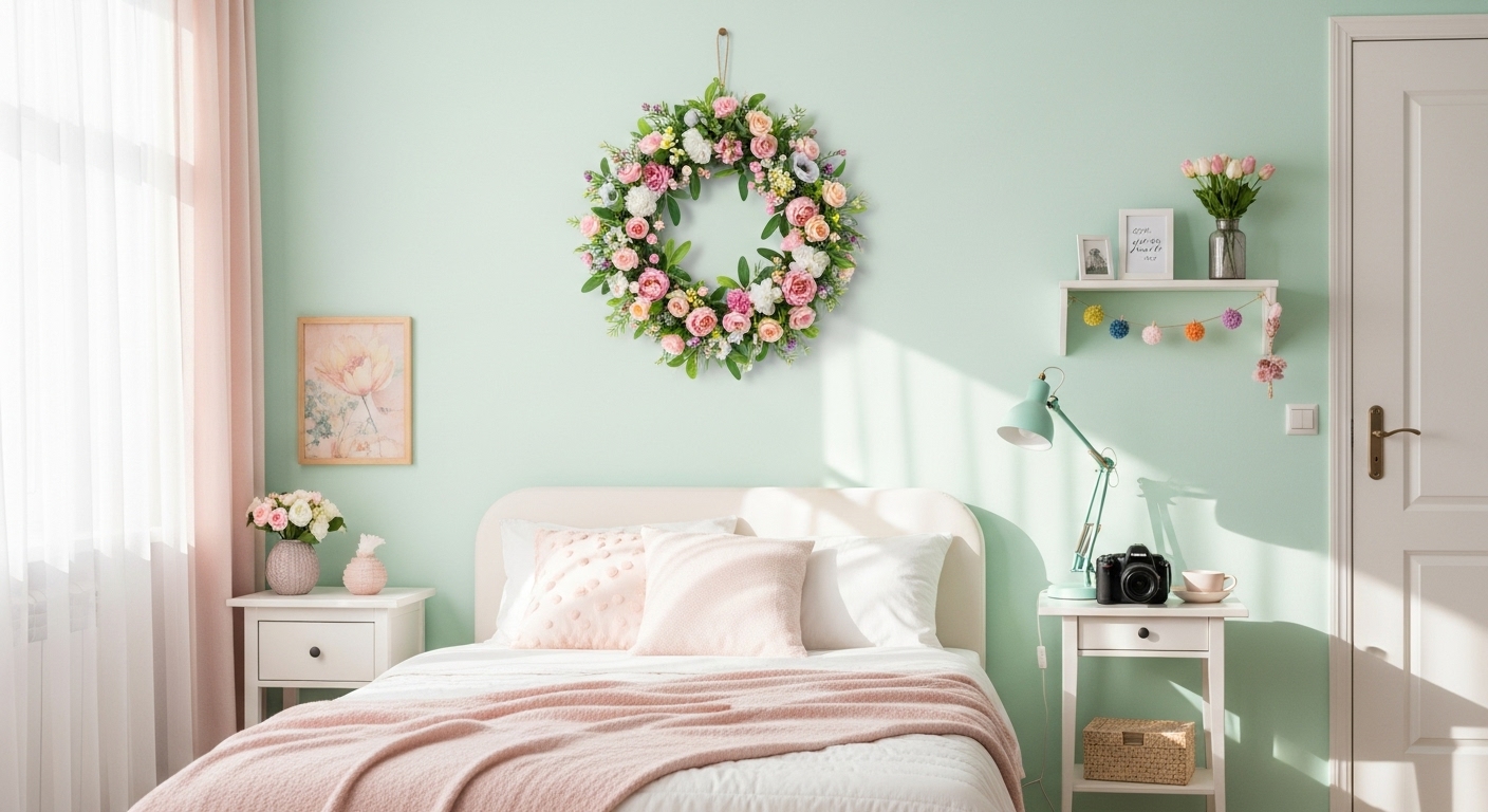 Faux flower wreath hanging on a bedroom wall as spring decoration