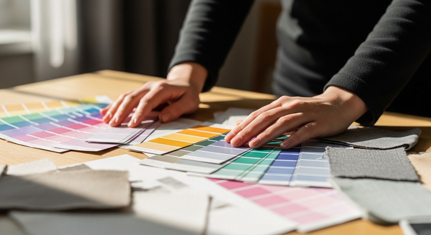 A person selecting color swatches and fabric samples on a wooden table to decide a room theme