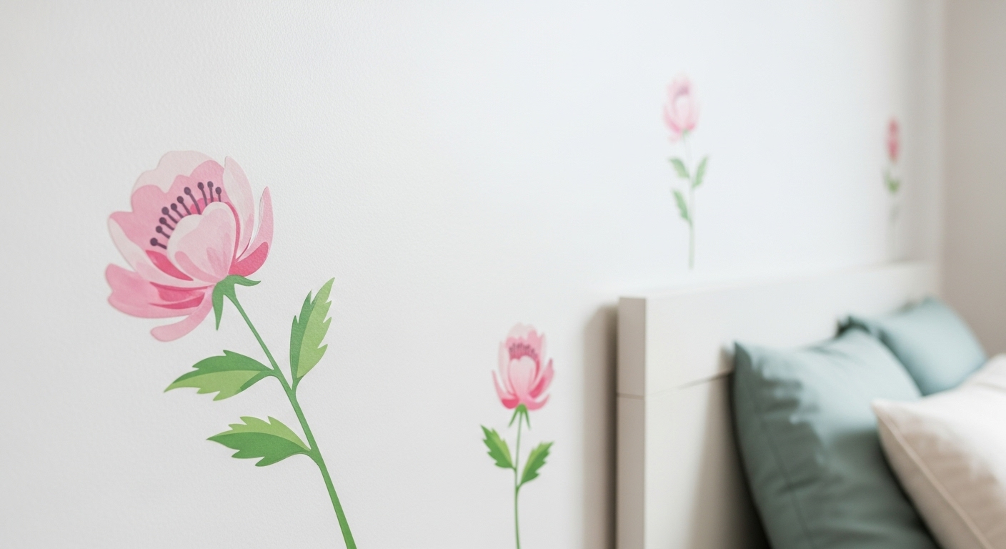 Removable floral wall decals made with contact paper decorating a clean white bedroom wall.