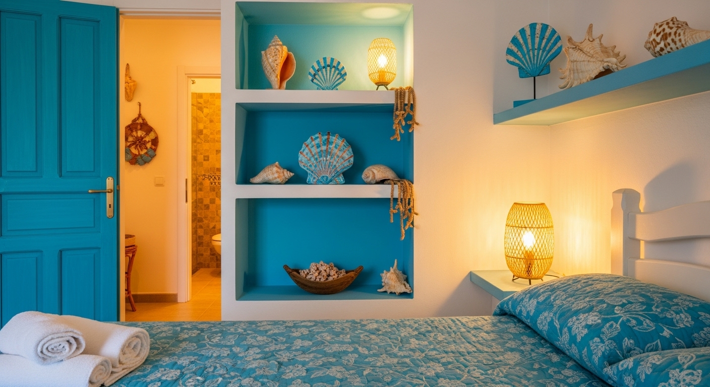 Decorated bedroom corner with seashell crafts and summer beach accessories
