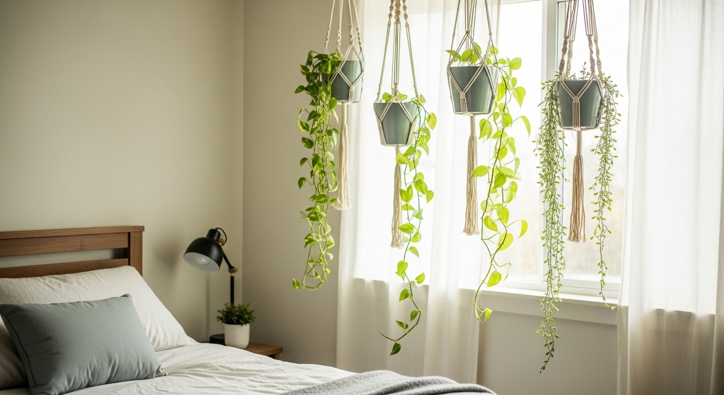 Creative hanging planters made with macramé, adding greenery and natural vibes to the bedroom space.