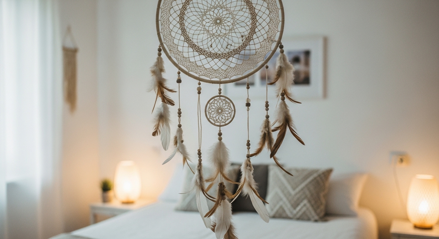 A beautifully crafted dream catcher hanging above a bed, blending boho style with serene bedroom design.