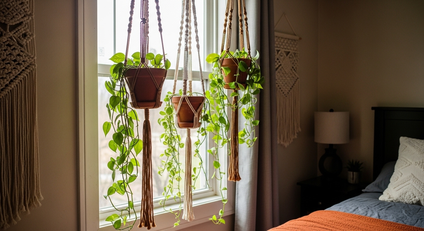 A vibrant pom-pom garland hanging on a bedroom wall above a mirror, enhancing the cozy room atmosphere.