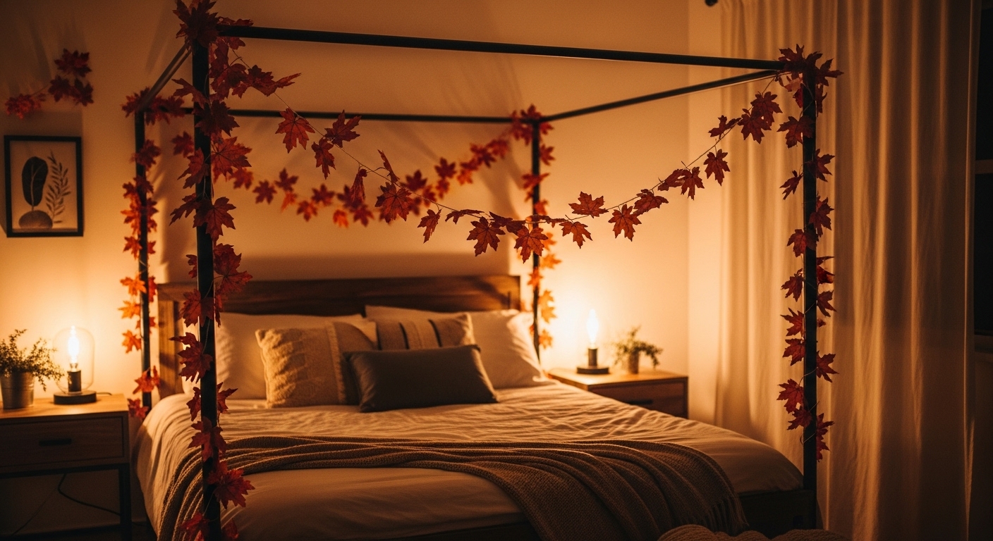 Faux leaf garland strung across a wooden bed frame in a cozy fall-themed bedroom